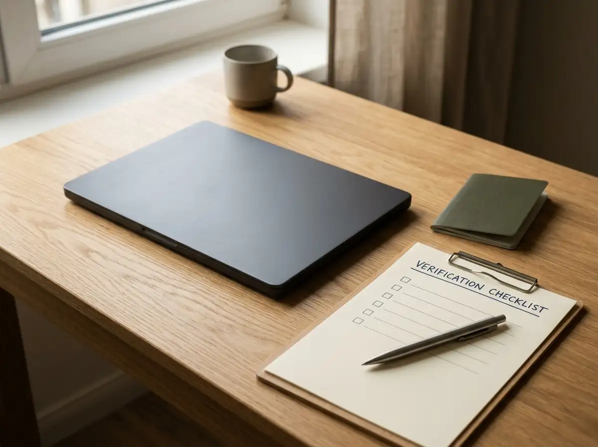A closed laptop beside an unmarked passport-shaped booklet and blank checklist
