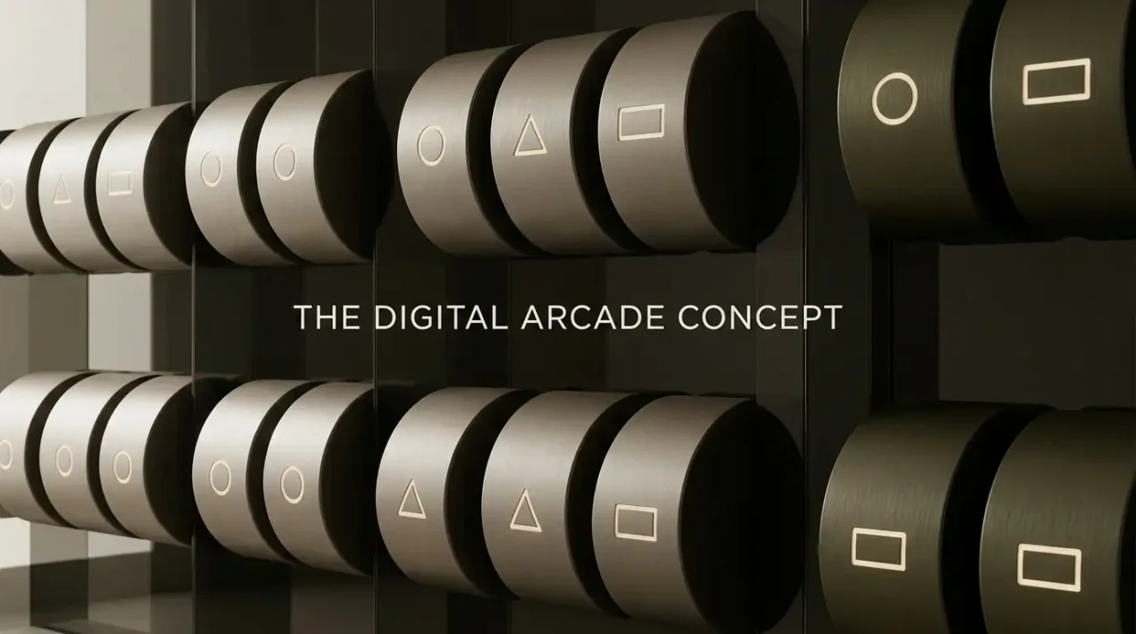 Abstract rows of illuminated slot reels and geometric game symbols