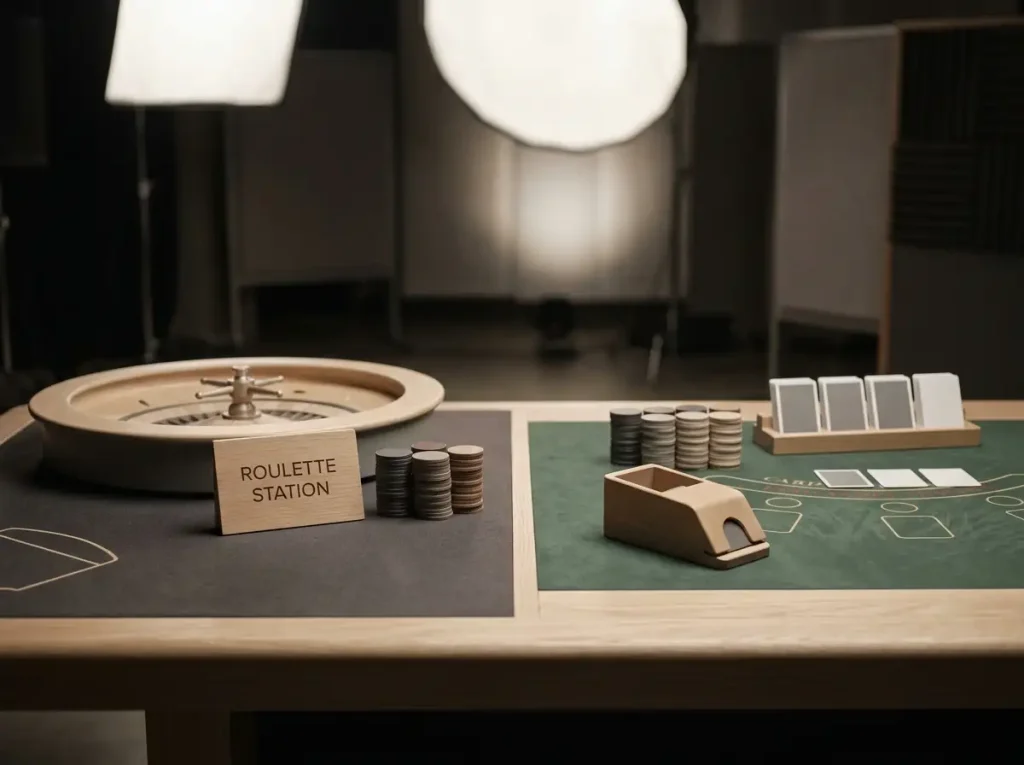 Unmarked playing cards, a roulette wheel rim and plain gaming chips on a studio table