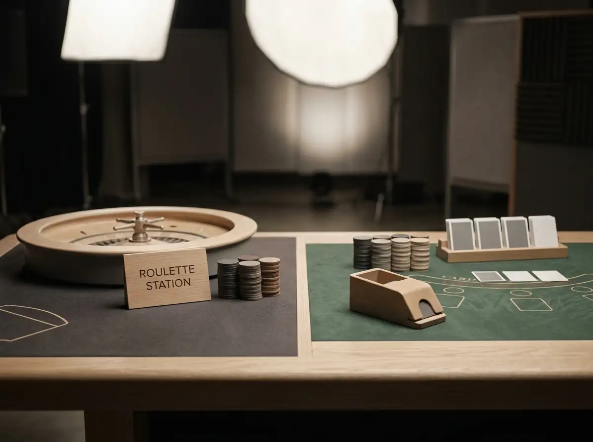 Unmarked playing cards, a roulette wheel rim and plain gaming chips on a studio table