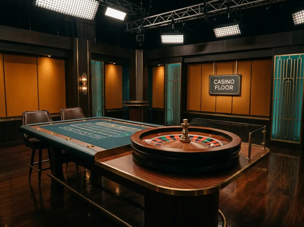 Unoccupied studio-style gaming table with a roulette wheel and overhead lights