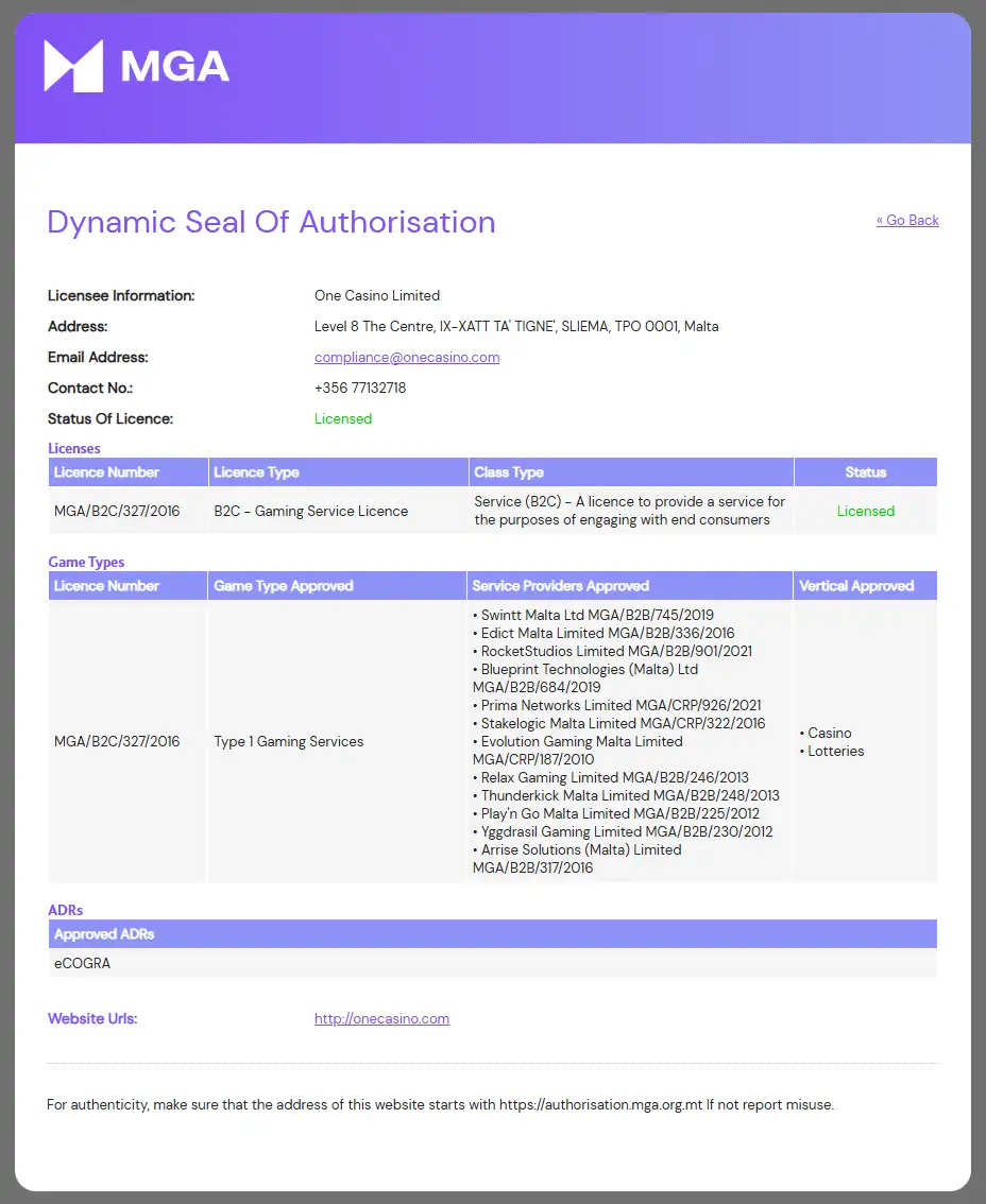 MGA authorisation entry showing One Casino Limited and licence information