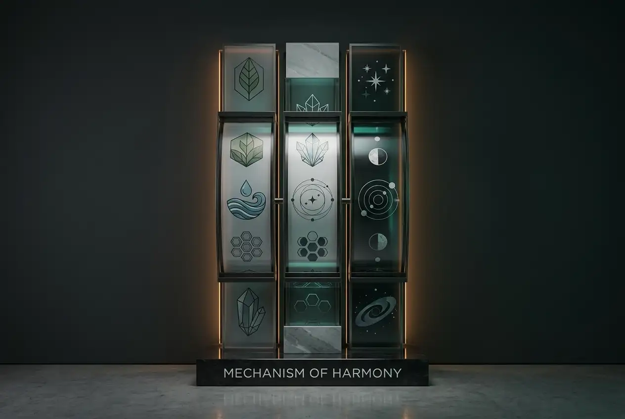 Abstract rows of illustrated slot-reel panels on a dark display wall
