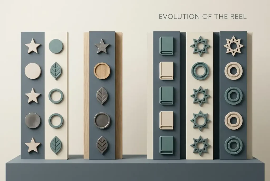 Abstract reel symbols arranged across neutral illuminated gaming panels