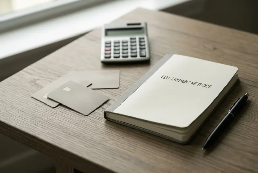 Bank account notebook, blank payment cards and a small desk calculator