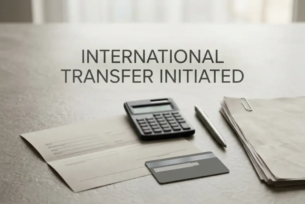Plain bank documents beside an unmarked card and calculator
