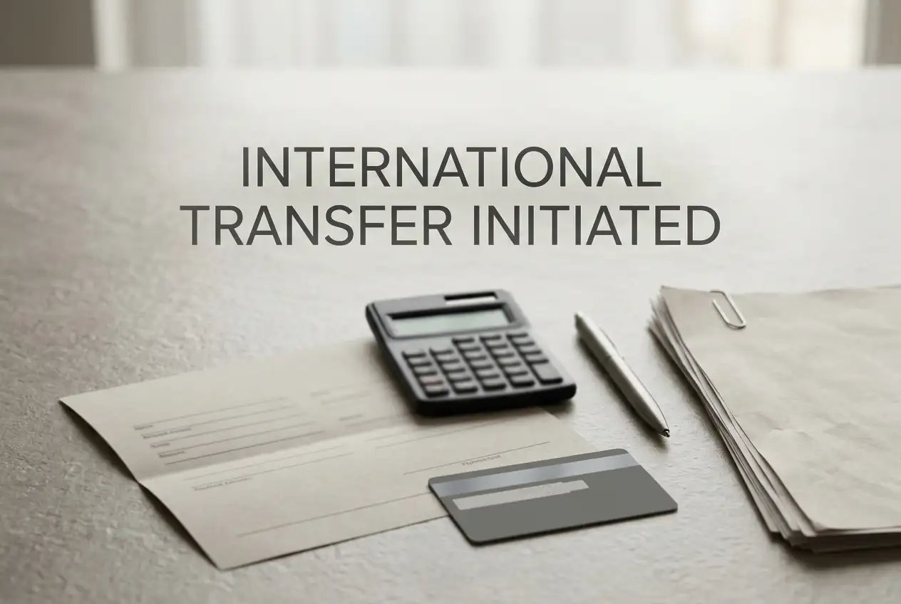 Plain bank documents beside an unmarked card and calculator